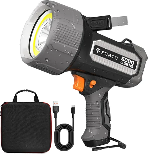 FORTO Linterna recargable de foco 5000 lúmenes ultra brillante IPX7 impermeable, linterna de barco con estuche de transporte EVA, linterna de foco