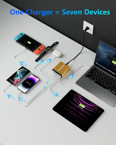 Miniatura 5 de Cargador USB C de aleación de aluminio 260 W GaN estación de carga rápida USB C 7 puertos 65 W cargador portátil para MacBook Pro/Air/iPad