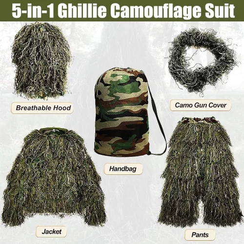 Miniatura 8 de MOPHOTO Traje de caza de camuflaje 3D 5 en 1, chaqueta, pantalones, capucha, bolsa de transporte para adultos y jóvenes, M/L, XL/XXL