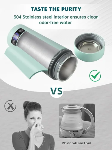 Miniatura 4 de balbali Hervidor de viaje de doble voltaje 100-250 V – Hervidor de agua portátil de 12 onzas/calentador/calentador para agua hirviendo – Hervidor