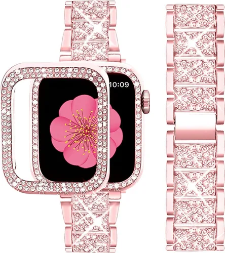 Miniatura 13 de SUPOIX - Correa compatible con Apple Watch de 1.49 pulgadas + funda, joyería para mujer con diamantes brillantes, bandas de metal y 2