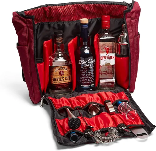 Bolsa de viaje para bar, color rojo carmesí y negro, resistente al agua, suministros de bartender, bolsillos para llevar kit de cóctel (solo bolsa)
