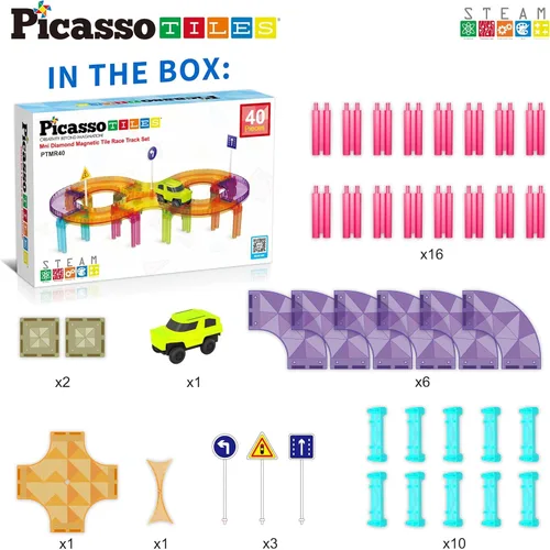 Miniatura 4 de PicassoTiles Carrera de coches de pista magnética azulejos magnéticos juguete de viaje sensorial azulejos juguetes para niños pequeños STEM