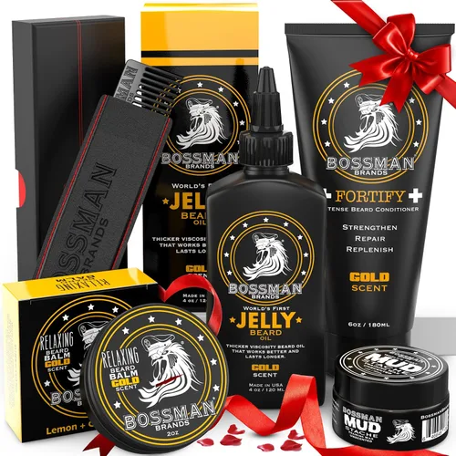 Bossman Kit completo de gelatina de aceite para barba para hombre, acondicionador de ducha fortificante, bálsamo, cera de bigote y peine, suavizante