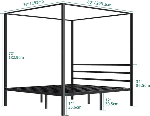 Miniatura 2 de YITAHOME Marco de cama de metal con dosel de cuatro pósteres, plataforma de cama de 14 pulgadas con cabecera incorporada, soporte de colchón