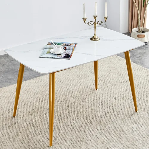 Mesa de comedor minimalista moderna. Mesa de comedor minimalista blanca con estampado de mármol blanco con patas de metal dorado. 50 "* 30" * 30 "F