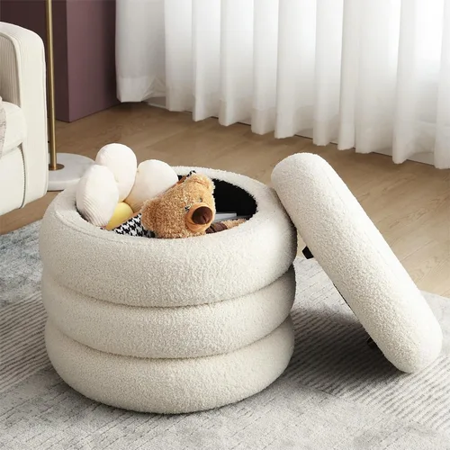 Miniatura 13 de ONEVOG Otomana redonda de almacenamiento, mesa otomana pequeña de 20 pulgadas con tapa extraíble, taburetes de tela de lino suave para sofá, asiento