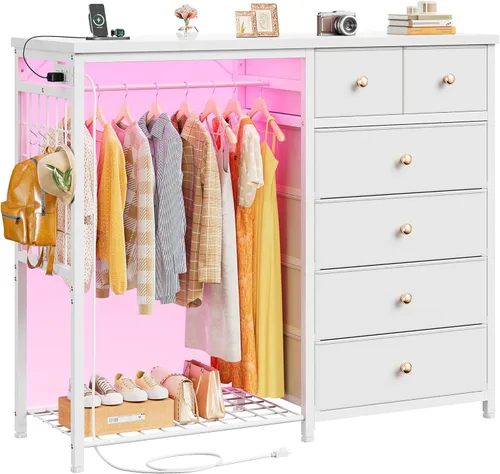 Miniatura 9 de EnHomee Cómoda blanca de 125 cm de ancho para dormitorio con estante colgante, cómoda de 6 cajones con luces LED y estación de carga, cómodas
