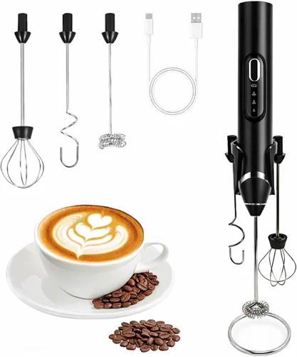 Espumador de leche de mano con soporte, varita espumadora de café recargable con 3 cabezales desmontables de acero inoxidable, mezclador eléctrico