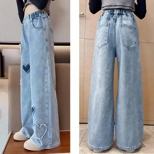 Miniatura 5 de Pantalones de mezclilla holgados para niñas y niñas, pantalones de mezclilla casuales de pierna ancha y cintura alta, talla 5-14 años