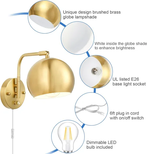 Miniatura 4 de Apliques de pared VATONI enchufables, apliques de pared regulables con brazo oscilante con cable de enchufe y interruptor de regulación con botón