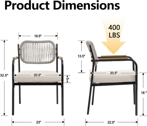 Miniatura 3 de Juego de 2 sillas de comedor para exteriores, sillas de comedor de mimbre para patio con cojines extraíbles, silla de mesa rectangular para patio