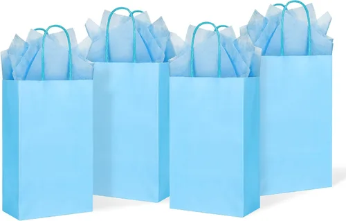 DjinnGlory Paquete de 24 pequeñas bolsas de regalo de papel azul con asas de 9 x 5.5 x 3.15 pulgadas y 24 papel de regalo de seda para negocios,