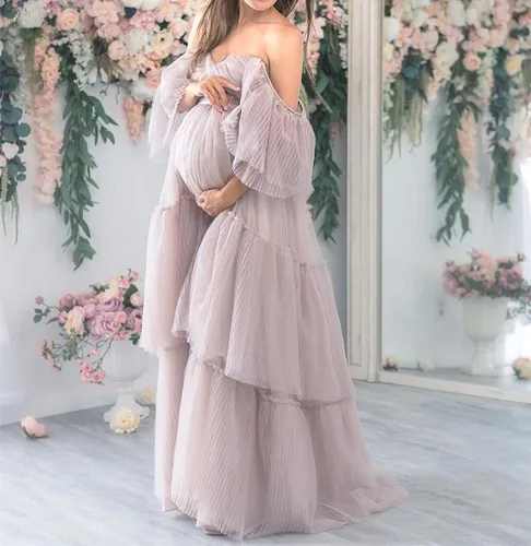 Miniatura 2 de Vestido de maternidad para mujer fuera del hombro para sesión fotográfica embarazo Maxi largo vestido hinchado