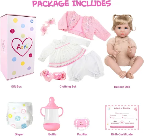 Miniatura 5 de Aori Muñecas Reborn de 22 pulgadas – Muñeca de bebé realista para niños de 3 años en adelante – Bebé recién nacido realista con traje rosa – Cuerpo