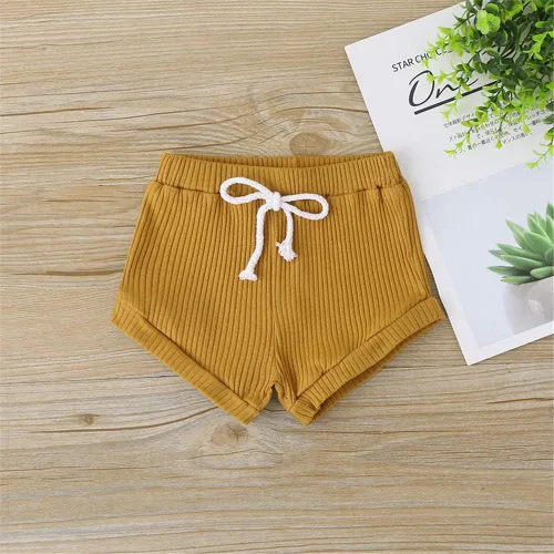 Miniatura 6 de Conjunto de pantalones cortos acanalados para bebé y niña, de punto y pantalones cortos de cordón sólido, ropa de verano