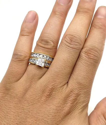 Miniatura 4 de Juego de anillos de boda de dos anillos, para parejas, de 10 quilates de oro amarillo, relleno de circonia cúbica blanca, para compromiso y boda