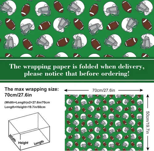 Miniatura 2 de AnyDesign 12 hojas de papel de regalo de rugby, no enrollable, papel de regalo para casco de fútbol, papel de arte a granel blanco, verde, marrón
