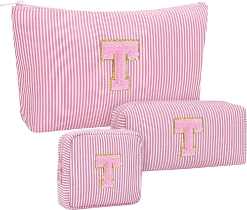 Miniatura 20 de Juego de bolsas de maquillaje con iniciales para niñas y mujeres, bolsa de cosméticos con monograma con soporte para cepillos, estuche de maquillaje