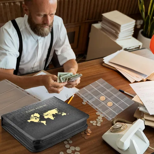 Miniatura 5 de ANKHOH Soporte para libros de colección de monedas con cremallera para coleccionistas, 200 bolsillos para monedas y 30 fundas para billetes, de piel