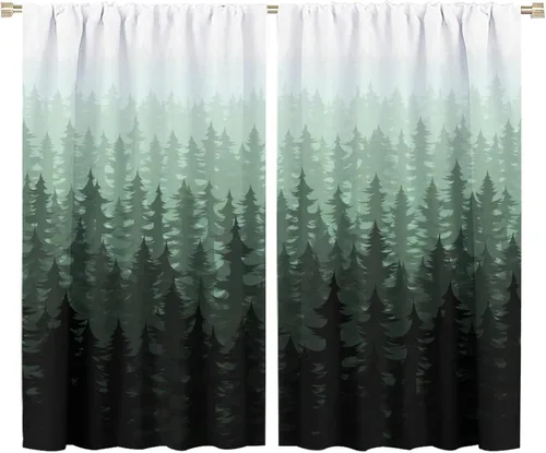 Miniatura 33 de BAEKJIN Cortinas verdes de bosque brumoso, acuarela, naturaleza, paisaje, plantas, árbol, bolsillo para barra, opacas, tratamiento de ventana