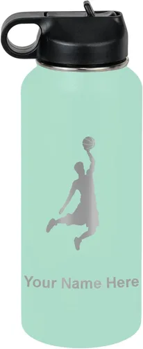 Miniatura 68 de LaserGram Botella de agua personalizada, hombre haciendo slam dunk de baloncesto, de acero inoxidable, de doble pared con aislamiento al vacío