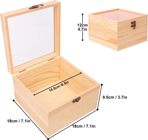 Miniatura 2 de 4 cajas de madera sin terminar con ventana, caja de madera para manualidades y almacenamiento con tapa superior de plástico, para recuerdos
