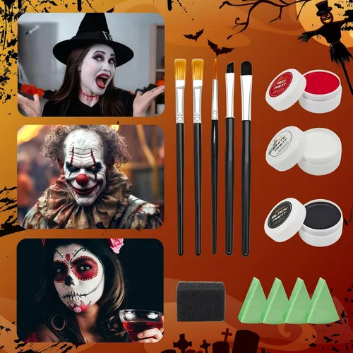Miniatura 2 de Oiomniv Kit de pintura facial a base de agua, negro, blanco, rojo, con 5 pinceles, 4 esponjas, 2 calcomanías, maquillaje SFX para adultos