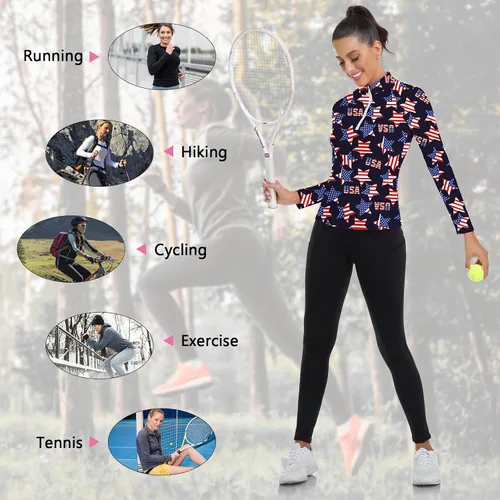 Miniatura 25 de WOWENY Camiseta deportiva de manga larga para mujer, con cremallera de un cuarto, cuello para entrenamiento, camiseta de tenis con estampado