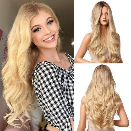 Miniatura 17 de NAYOO Peluca negra ondulada de 26 pulgadas de largo para mujer, peluca sintética de aspecto natural, fibra resistente al calor, suave y ligera, Negro