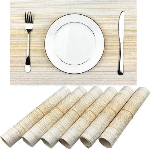 Miniatura 19 de Mantel individual de vinilo tejido duradero, lavable, resistente al calor, antideslizante, para cocina, comedor (juego de 4, azul con blanco)