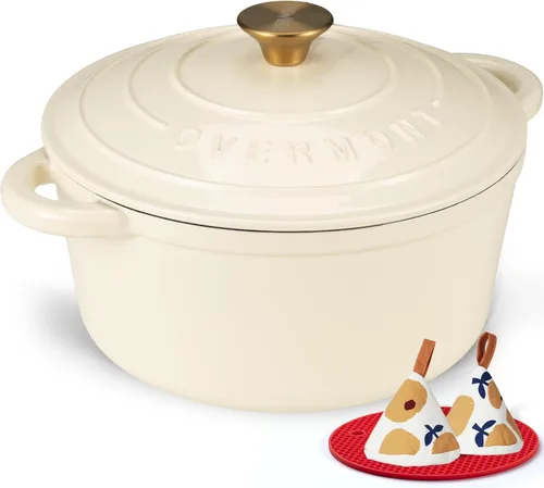Miniatura 25 de Overmont Horno holandés de hierro fundido esmaltado, olla de 5.5 cuartos de galón con tapa de asas anchas, libro de cocina y agarraderas de algodón