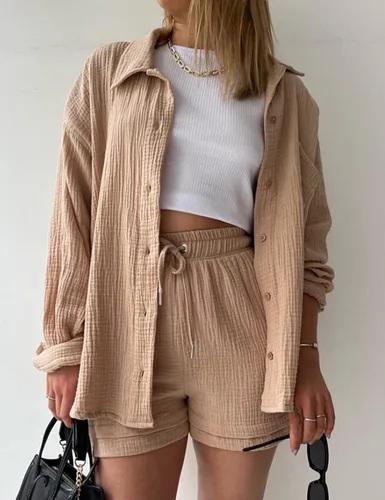 Miniatura 2 de Arssm Conjunto de camisa de manga larga con botones y pantalones cortos para mujer, conjunto de camisa de primavera