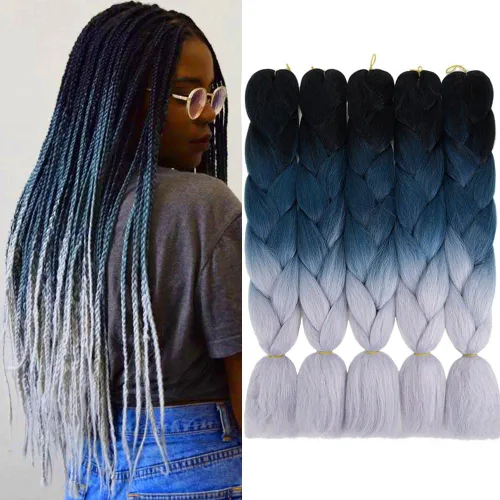 Miniatura 20 de Extensiones de cabello trenzado color gris degradado, 5 unidades, trenzas sintéticas de 24 pulgadas, 2 tonos, cabello gris para trenzas de caja, #28