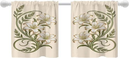 Miniatura 43 de Shrahala Art Nouveau Floral Pattern Blackout Curtain Tiers, Delicate Vine and Flower Design Kitchen Valance Light Blocking Tier Drapes with Rod
