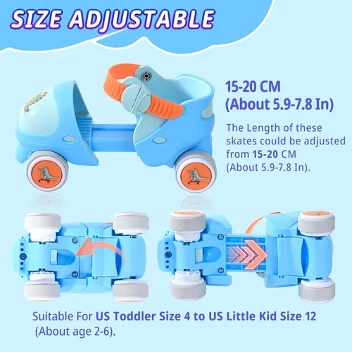 Miniatura 3 de Patines Infantiles Ajustables de Cuatro Ruedas para Niños y Niñas, con Ruedas con Bloqueo para Principiantes, Bebes, Edad de 2 a 6 Años Dino Azul