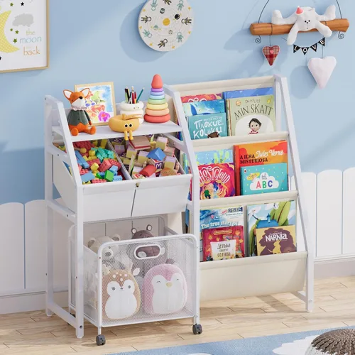 Miniatura 7 de Estantería para niños y organizador de almacenamiento de juguetes, estante de 3 niveles para habitaciones de niños con cajón móvil, estantería