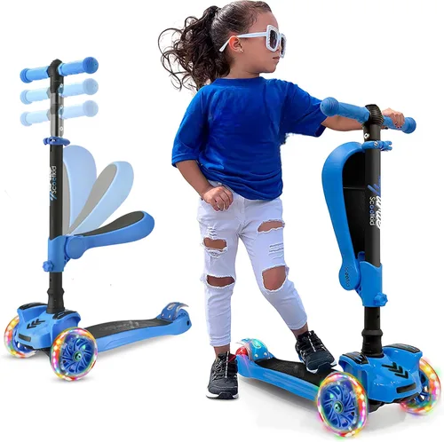 Hurtle Patinete de 3 ruedas para niños, luces LED de ruedas, manubrio ajustable de inclinación para dirigir y asiento plegable, paseo sentado o de