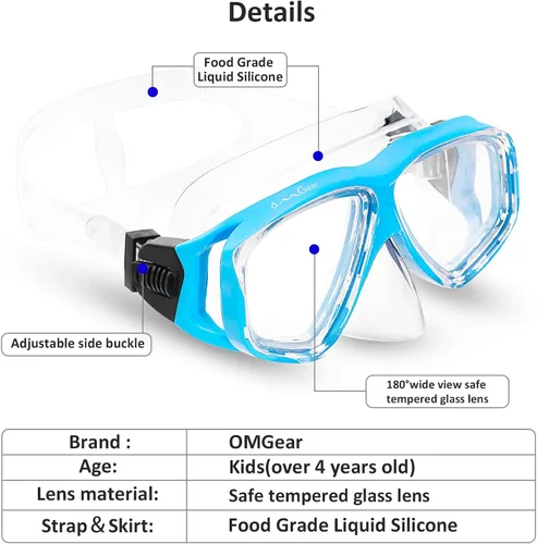 Miniatura 2 de OMGear Gafas de natación de silicona para niños, equipo de esnórquel para niños, gafas de esnórquel de vidrio templado con cubierta para la nariz
