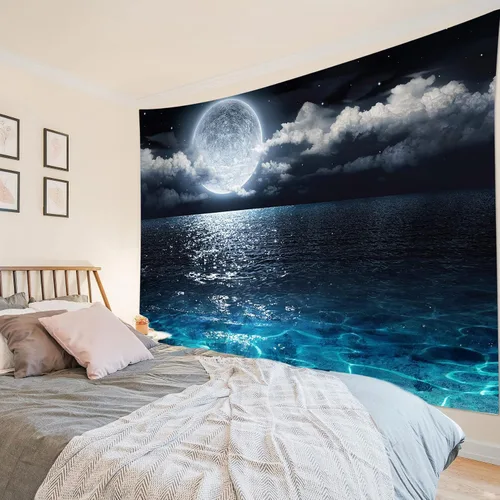 Miniatura 4 de LB Tapiz de cielo nocturno, luna llena en el mar, tapiz para colgar en la pared, tapiz de nube blanca de fantasía, tapiz de acuarela, arte de pared