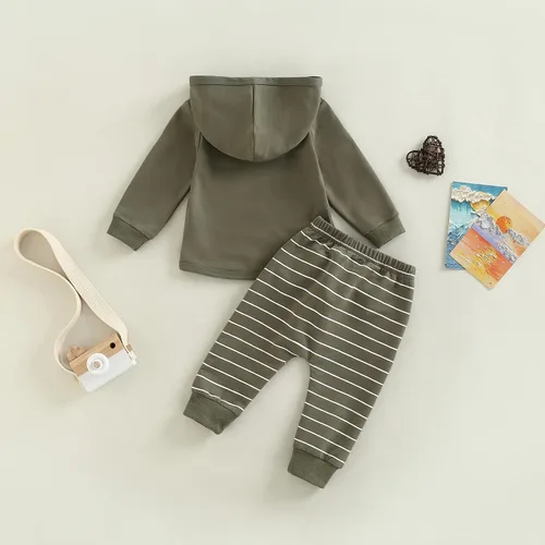 Miniatura 101 de Ropa de bebé niño 3 6 9 12 18 24M 3T Conjunto de pantalones con capucha patchwork sudadera con capucha pantalones de rayas traje de otoño invierno