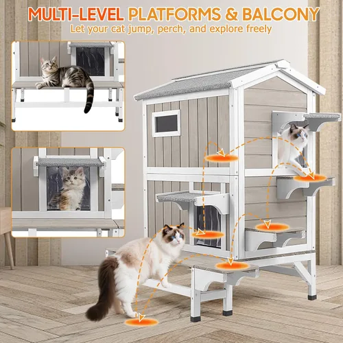 Miniatura 6 de PetsCosset Casa Aislada para Gatos de Exterior Resistente a la Intemperie con Balcón, Aislamiento Integral, Refugio de Madera para Gatos Ferales