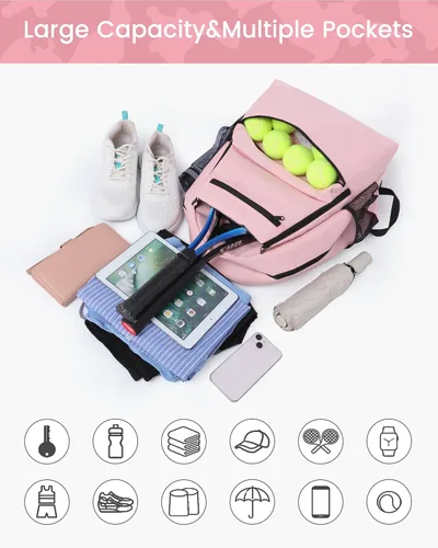Miniatura 4 de Sucipi Bolsa de Tenis Profesional Mochila de Tenis para Hombres y Mujeres Bolsas de Raqueta con Capacidad para 2 Raquetas con Compartimento Rosa