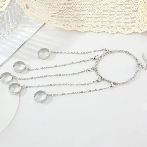 Miniatura 6 de Pulsera de metal con anillo de dedo para mujer, pulsera de anillos de dedo de cadena, pulsera punk con borla y anillo, cadena ajustable, arnés