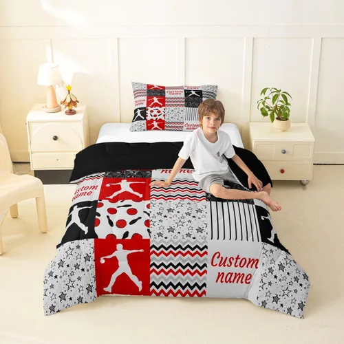 Miniatura 76 de Juego de edredón de softbol personalizado, juego de ropa de cama de retazos a cuadros para niños y niños, edredón de bate de béisbol, juego