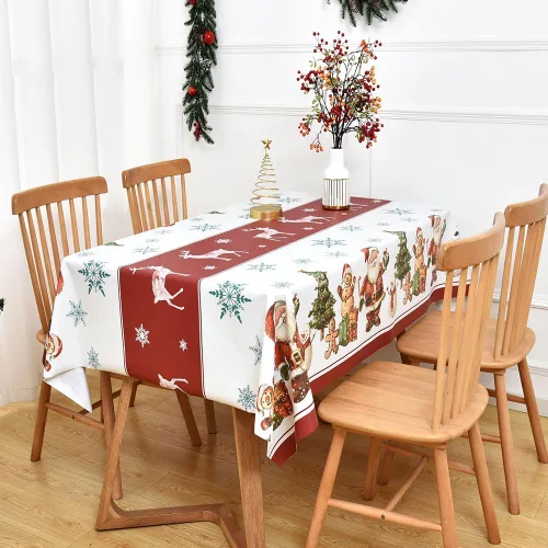 Miniatura 6 de Mantel de Navidad de vinilo resistente rojo de 54x54 pulgadas, mantel rectangular de Navidad, mantel de PVC reutilizable, impermeable, plegable