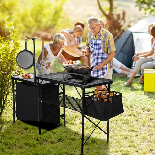 Miniatura 8 de Nice C Mesa de cocina de campamento, estación de cocina plegable portátil, organizador de almacenamiento, con postes de luz, almacenamiento, bolsa