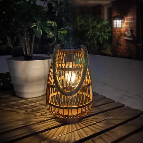 Miniatura 4 de Linterna solar de ratán natural con asa, luces LED decorativas grandes e impermeables, lámpara de mesa solar de ratán brillante para patio, boda