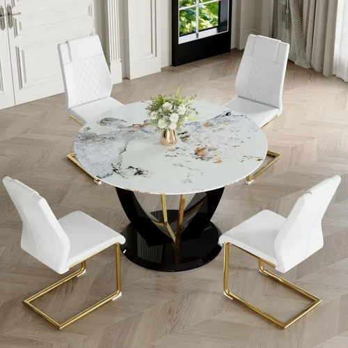 Miniatura 52 de Juego de mesa de comedor redonda para 4, mesa moderna de 48" con tapa de mármol sintético falso y pedestal brillante negro, juego de mesa de cocina