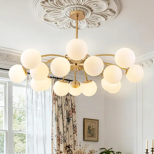 Miniatura 14 de Longree Sputnik - Lámpara de techo semiempotrada con forma de globo de vidrio de leche de 6 luces, color dorado, arte de mediados de siglo, moderna